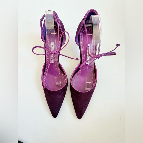 Manolo Blahnik Plum Purple Suede Leather Leyan 70mm ankle tie pumps EU 40.5 - Picture 2 of 10